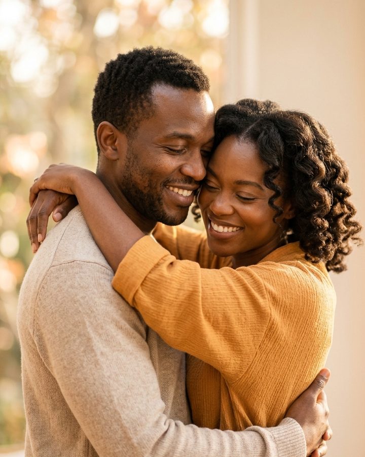 A smiling couple sharing a warm embrace in golden light