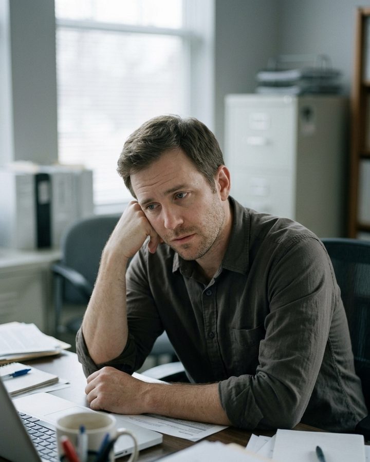A worried man sitting at a cluttered office desk