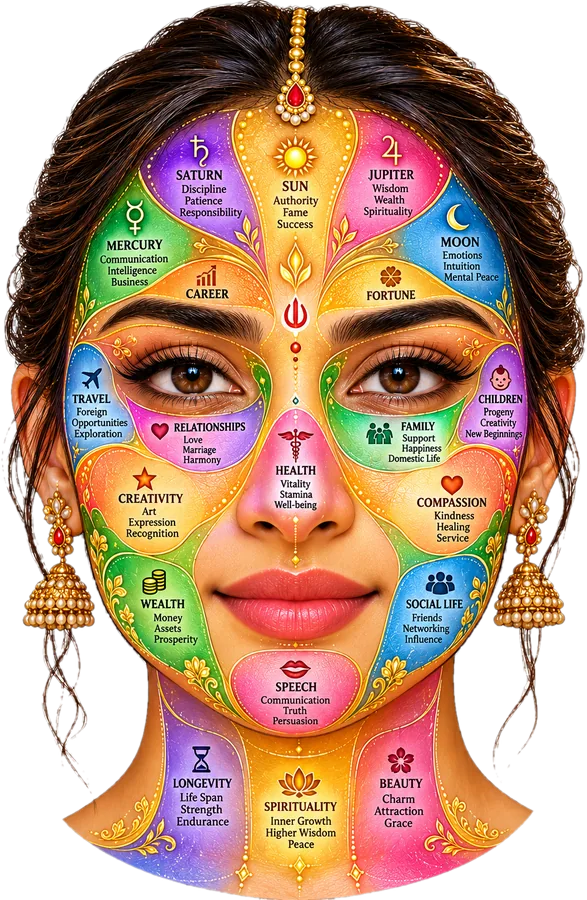 Face reading map linking areas of the face to planets and life themes