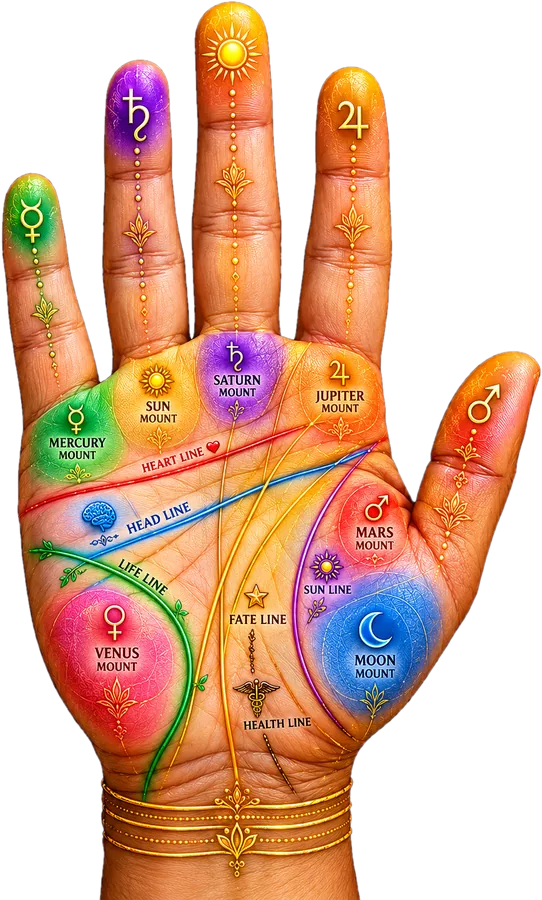 Palm reading map showing the heart, head, life and fate lines and the planetary mounts