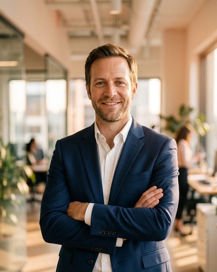 A man standing confidently and smiling in a bright modern office